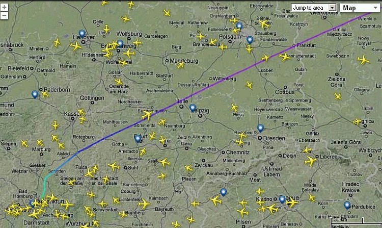 Trasa A380 od startu z Frankfurtu